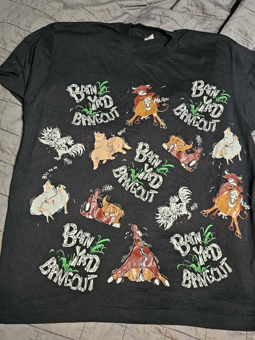 Screen Stars Black ADULT Tee Colorful Farm Animal Cartoon Print Single Stitch
